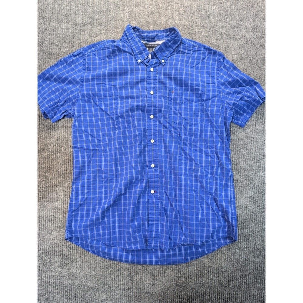 TOMMY HILFIGER Men's Navy Blue Plaid Short Sleeve Button Down Shirt Size XL